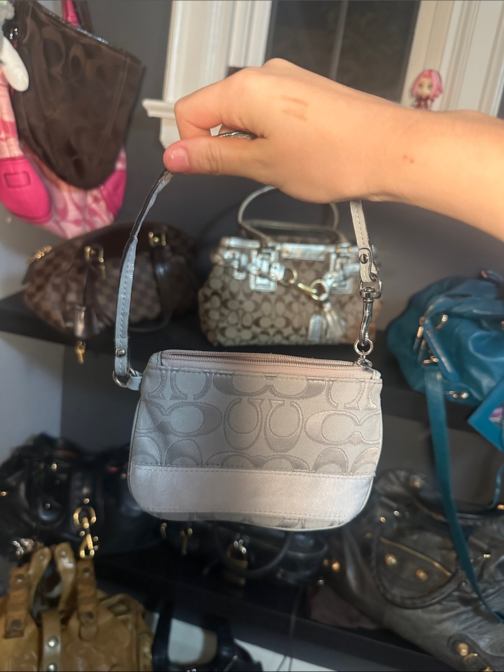 Coach Silver Gray Signature Mini Wristlet